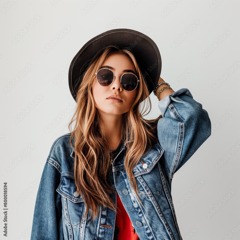 Trendy young adult in denim jacket and hat Trendy young adult in denim jacket and hat