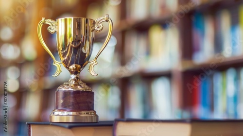 A shining gold trophy cup displayed on a stack of hardcover books against a library backdrop.