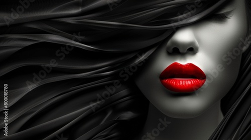 Woman showing kiss mouth red lips and his face was covered with a black wind-blown cloth and Minimalistic black background photo