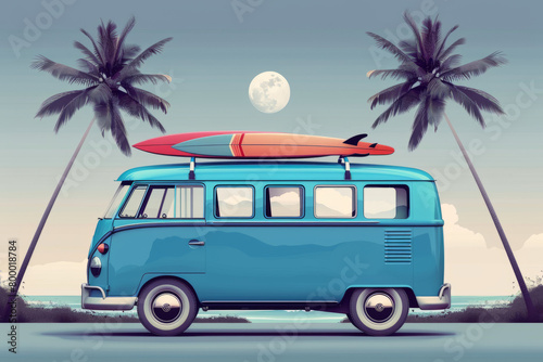 Vintage blue surf van. A retro bus with a surfboard on the roof. The concept of summer holidays  travel  active lifestyle  time for surfing.