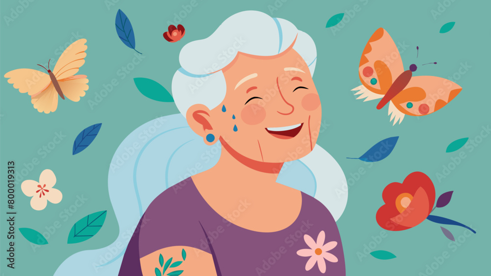 Smiling through the pain an elderly woman watches as intricate flowers and butterflies are added to her weathered arm. With a le in her eye she shares. Vector illustration Smiling through the pain an elderly woman watches as intricate flowers and butterflies are added to her weathered arm. With a le in her eye she shares. Vector illustration