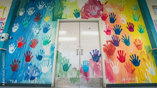 classroom door decorated with student handprints in colorful paint, forming a giant heart for Teacher's Day