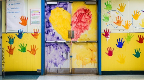 classroom door decorated with student handprints in colorful paint, forming a giant heart for Teacher's Day