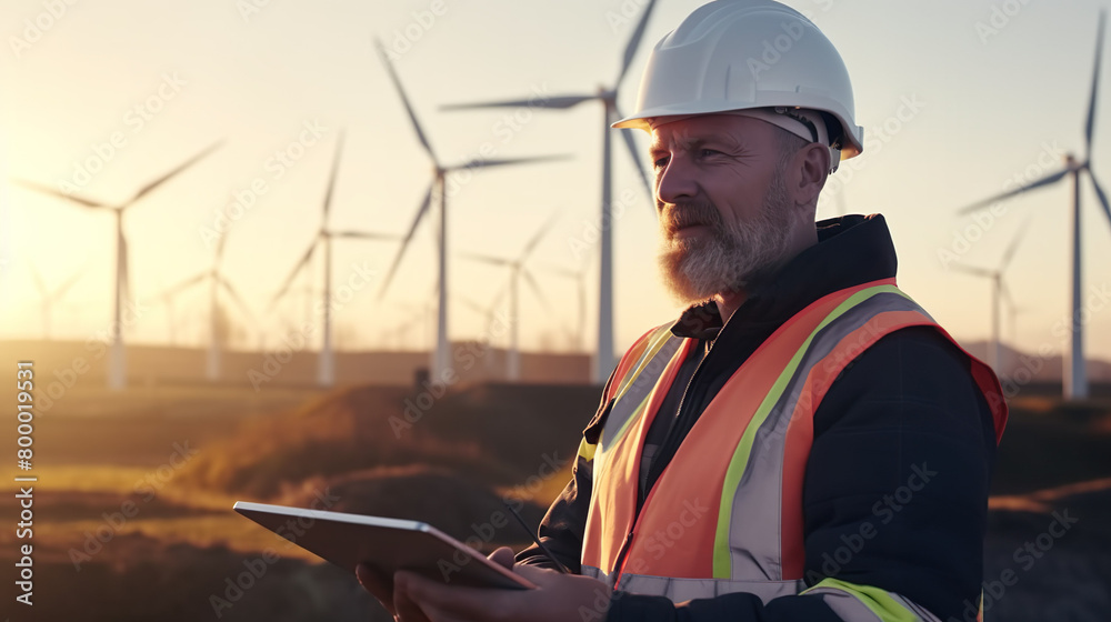 Engineer in reflective vest and hard hat Wind turbines are being inspected in the background. Engineer in reflective vest and hard hat Wind turbines are being inspected in the background.