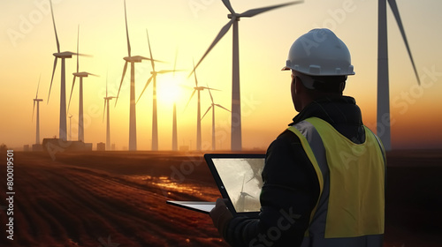 Engineer in reflective vest and hard hat Wind turbines are being inspected in the background.