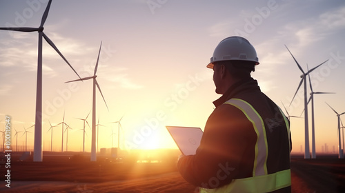 Engineer in reflective vest and hard hat Wind turbines are being inspected in the background. © seesulaijular