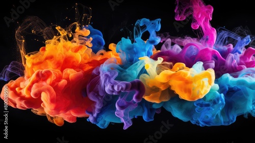 Colorful rainbow paint drops from above mixing in water. Ink swirling underwater abstract background.