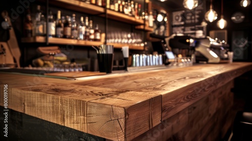 Warm wooden counter in a rustic style bar with ambient lighting.