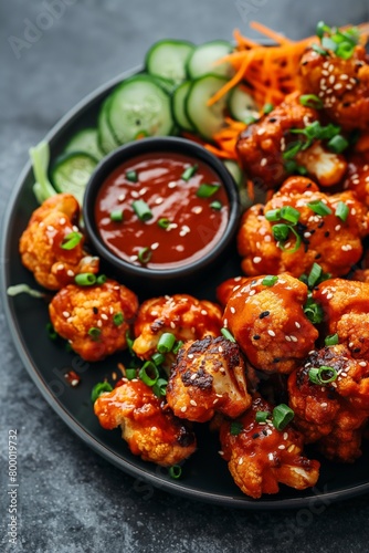 Korean BBQ cauliflower with fresh cucumber salad and a tangy dip, served in a modern black bowl