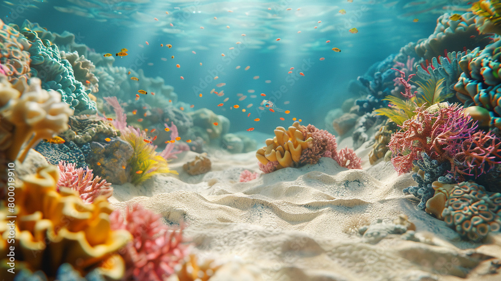 Naklejka premium beautiful sea ocean landscape background with coral reefs, anemones, turtles, clown fish, nemo. Deep blue sea with big whale