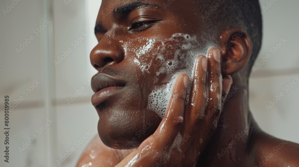 A man with a soapy face, gently washing his skin in a shower, with a focused and serene expression. A man with a soapy face, gently washing his skin in a shower, with a focused and serene expression.