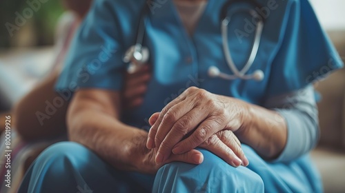 A compassionate nurse in blue scrubs holding the hand of an elderly patient, providing comfort and support in a healthcare setting..