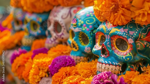 intricate sugar skulls decorated with colorful icing and flowers, displayed on an altar decorated with marigolds for Dia de Muertos (Day of the Dead) coinciding with Cinco de Mayo celebrations
