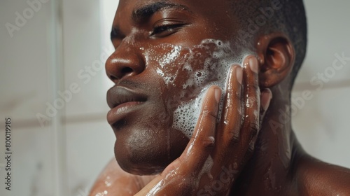 A man with a soapy face, gently washing his skin in a shower, with a focused and serene expression. photo