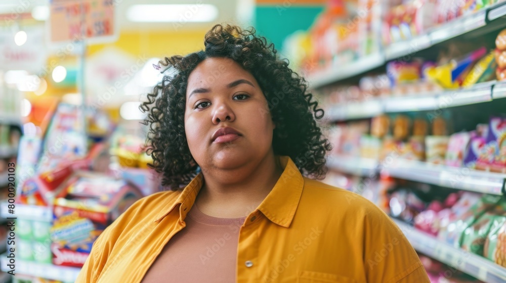 A woman with curly hair wearing a yellow shirt standing in a grocery store aisle with various snacks and drinks in the background. A woman with curly hair wearing a yellow shirt standing in a grocery store aisle with various snacks and drinks in the background.