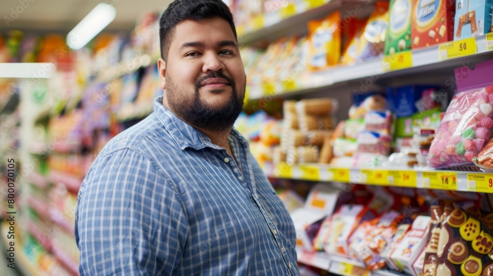 A man with a beard and a blue plaid shirt standing in a grocery store aisle with various snack foods.