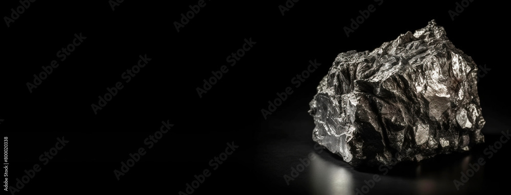 Indium is rare precious natural stone on black background. AI generated. Header banner mockup with space.