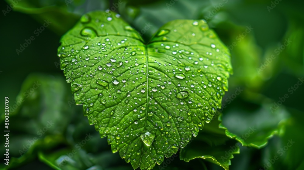 A closeup of water droplets on the edge of a green leaf A closeup of water droplets on the edge of a green leaf