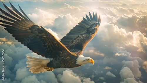 Proud eagle flying, American flag in grasp, over clouds, patriotic essence