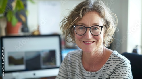 Smiling woman with glasses striped shirt and a computer monitor in the background.