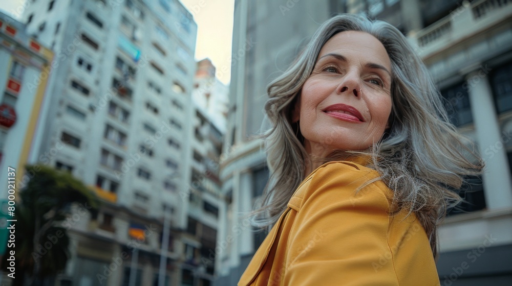 A woman with gray hair wearing a yellow jacket standing in a city street with tall buildings in the background looking to the side with a thoughtful expression.