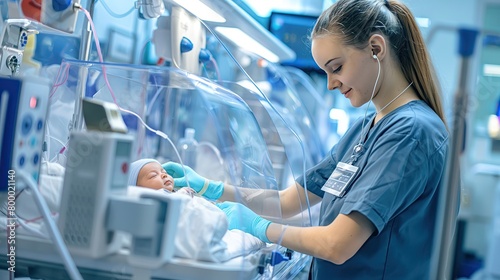 A dedicated neonatal nurse attentively monitors a newborn baby resting in an incubator within the specialized environment of a neonatal intensive care unit.. photo