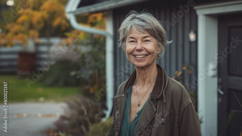 Smiling woman with gray hair wearing a brown jacket standing in front of a house with a white door and a garden with orange leaves.