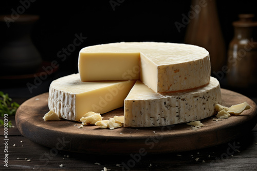 Round heads of hard cheese on wooden board. Blue cheese. Dairy products
