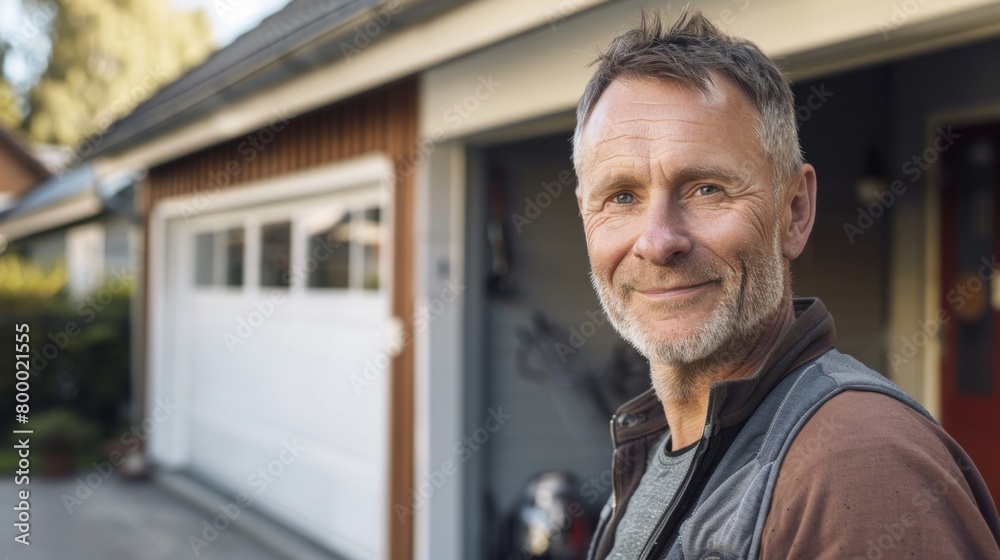 Smiling man with gray beard and hair wearing a brown jacket and gray vest standing in front of a garage door.