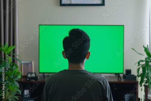 Device screen asian man in his 30s in front of an smart-tv with a completely green screen