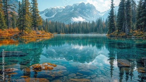 A serene and picturesque mountain lake. The waters reflect the surrounding landscape, highlighting vivid autumn colors among the evergreens and majestic mountain peaks in the background