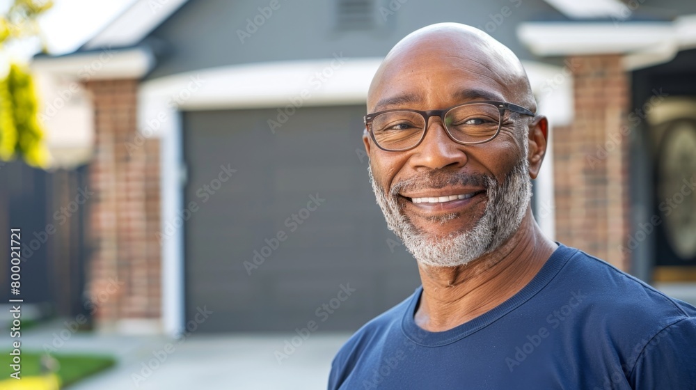 Smiling bald man with glasses and gray beard standing in front of a house. Smiling bald man with glasses and gray beard standing in front of a house.