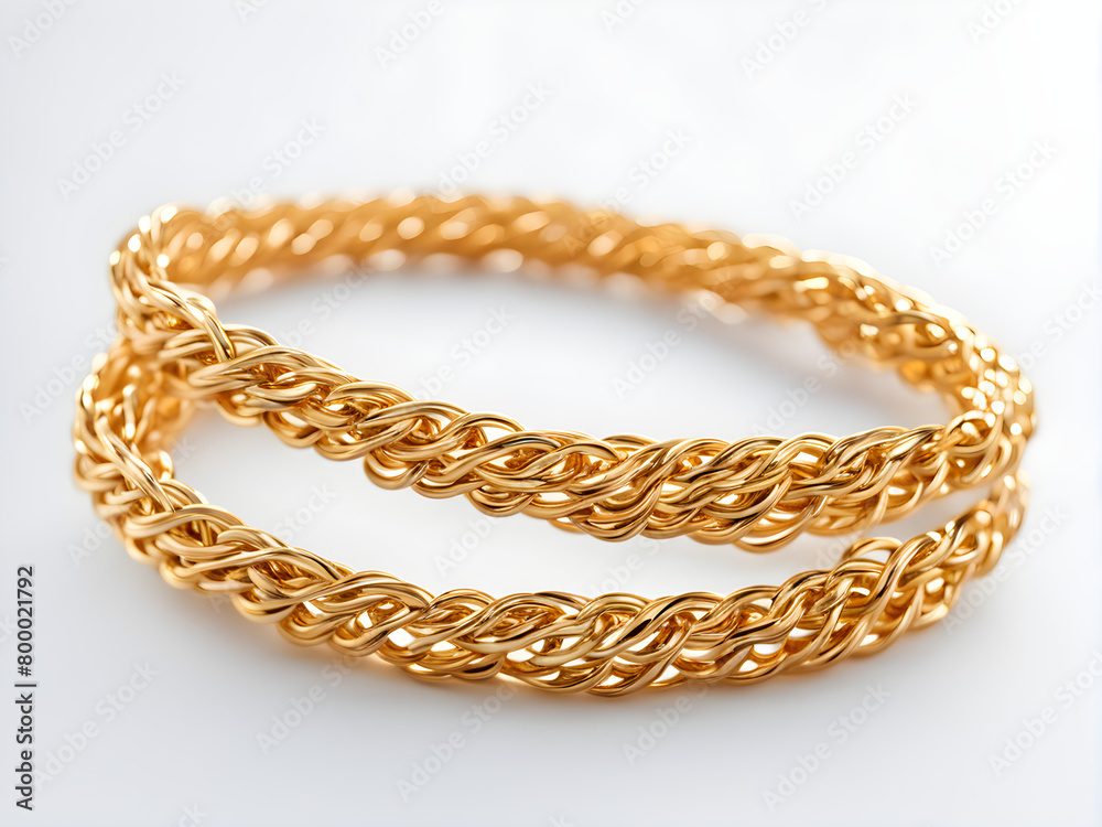 A pair of gold bracelets, gold jewelry, on a solid color background, with concepts of love and marriage, Valentine's Day A pair of gold bracelets, gold jewelry, on a solid color background, with concepts of love and marriage, Valentine's Day
