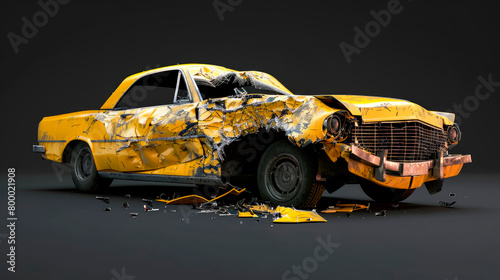 An yellow retro car get damaged by accident on the road.