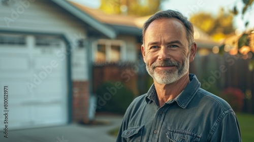 A man with a beard and gray hair wearing a blue button-up shirt standing in front of a blurred house with a white garage door smiling at the camera.