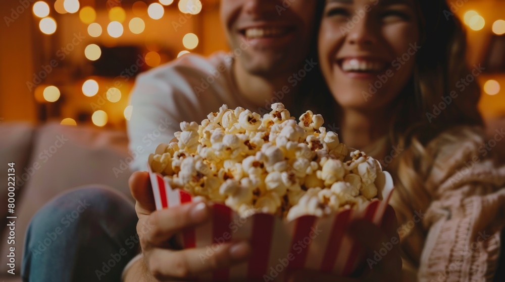 A joyful couple sharing a moment with a large appetizing bowl of popcorn set against a warm festive backdrop with blurred lights. A joyful couple sharing a moment with a large appetizing bowl of popcorn set against a warm festive backdrop with blurred lights.