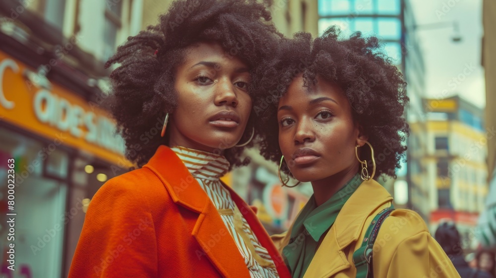 Two women with curly hair wearing big hoop earrings posing on a city street with a blurred background that suggests a bustling urban environment.