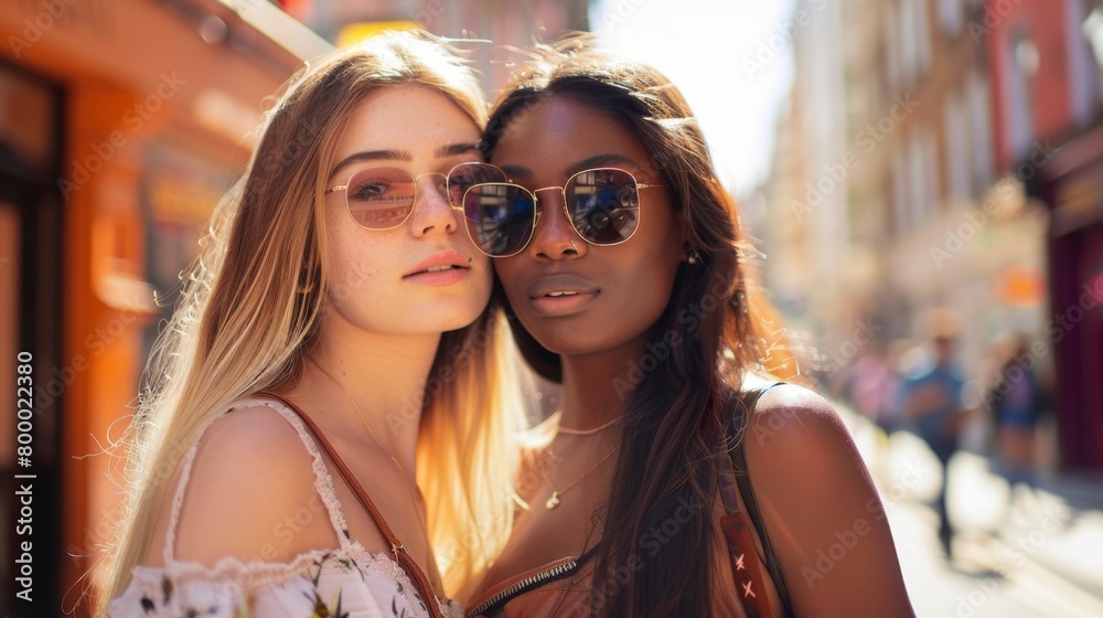 Two young women posing for a photo on a city street both wearing sunglasses and summer attire with a blurred background of buildings and people. Two young women posing for a photo on a city street both wearing sunglasses and summer attire with a blurred background of buildings and people.
