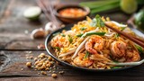 A delectable serving of Pad Thai with succulent shrimp, garnished with lime wedges and fresh herbs, presented in a rustic bowl..