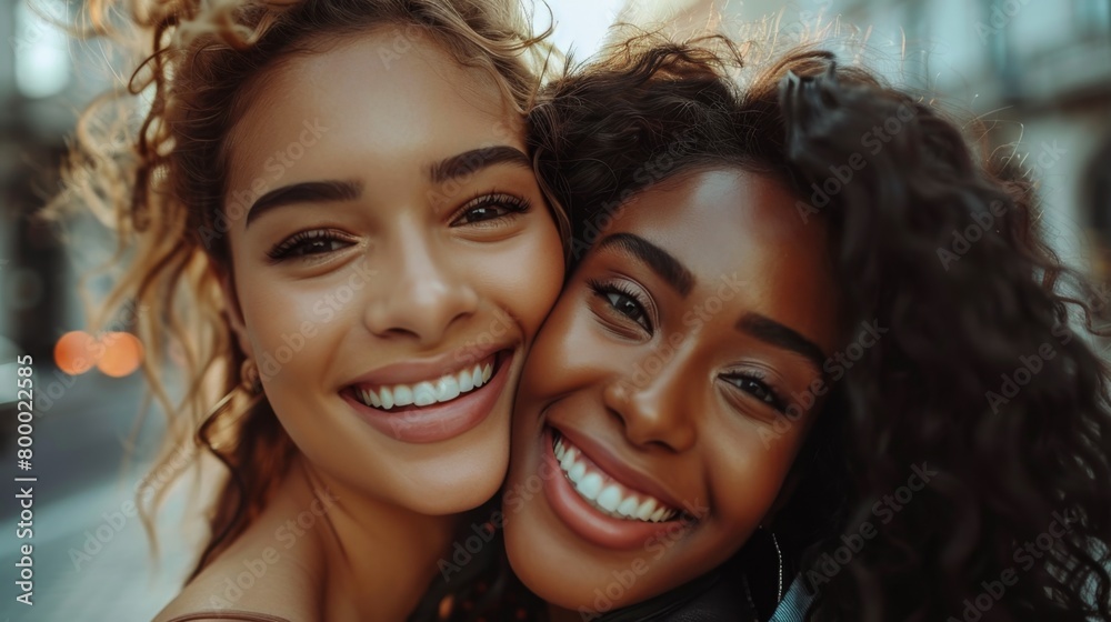 Two young women with curly hair smiling brightly and embracing each other against a blurred city backdrop.