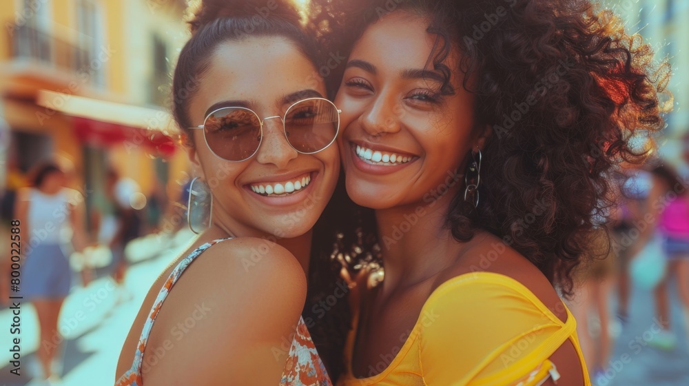Two smiling women with curly hair wearing sunglasses and summer dresses embracing each other on a busy street with blurred background. Two smiling women with curly hair wearing sunglasses and summer dresses embracing each other on a busy street with blurred background.