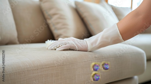 Hand wearing white glove cleaning white couch.