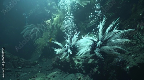 Enchanting underwater scene of a colony of Axolotls in a fantastical ocean setting