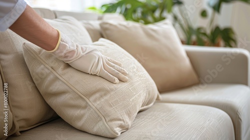 Hand wearing white glove gently placing beige pillow on white sofa.