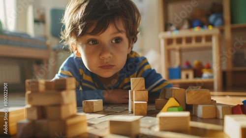 Young child with curious expression playing with wooden blocks in a cozy colorful room with toys and books.