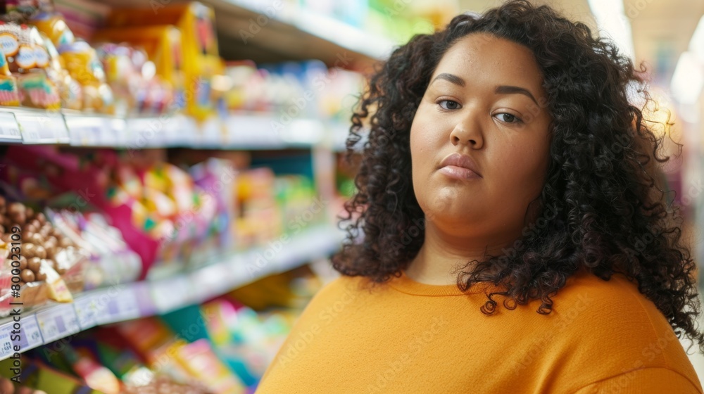 A woman with curly hair wearing an orange top standing in a supermarket aisle with various snacks and candy on the shelves.