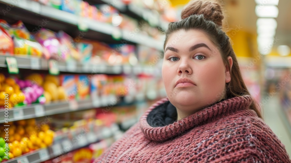 A woman with a neutral expression wearing a pink knitted sweater standing in a supermarket aisle with various snacks and drinks in the background. A woman with a neutral expression wearing a pink knitted sweater standing in a supermarket aisle with various snacks and drinks in the background.