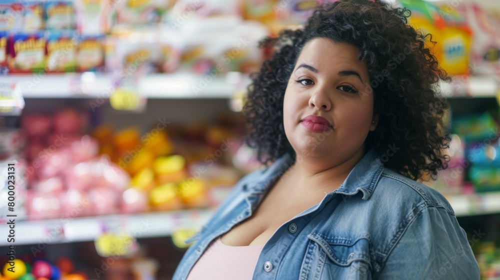 A woman with curly hair wearing a denim jacket standing in a store aisle with various packaged food items. A woman with curly hair wearing a denim jacket standing in a store aisle with various packaged food items.
