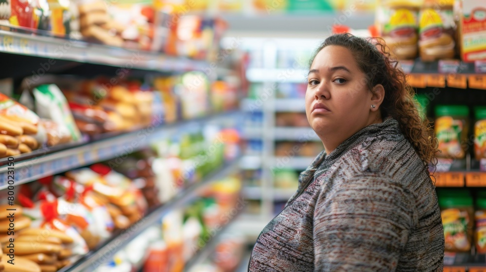 A woman with curly hair wearing a patterned jacket standing in a grocery store aisle filled with various food items looking to her left with a neutral expression.