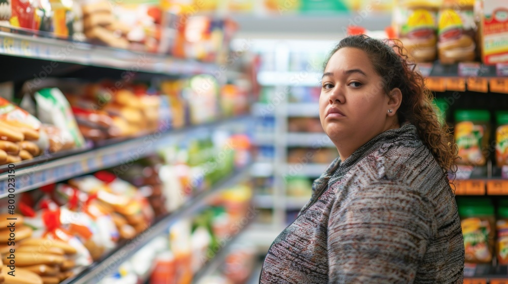 A woman with curly hair wearing a patterned jacket standing in a grocery store aisle filled with various food items looking to her left with a neutral expression. A woman with curly hair wearing a patterned jacket standing in a grocery store aisle filled with various food items looking to her left with a neutral expression.